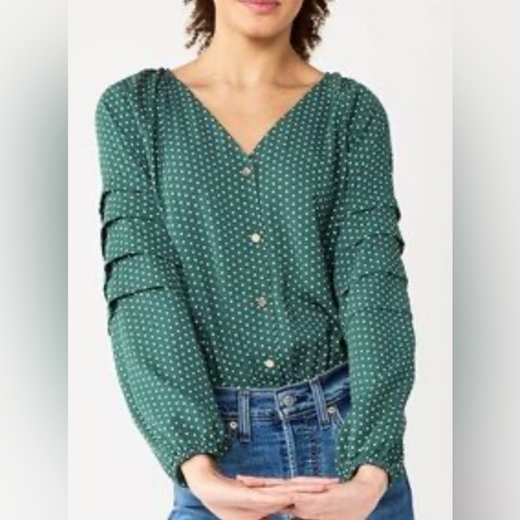 Draper James Tops - DRAPER JAMES RSVP Green + White Polka Dot Ruffle Long Sleeve Bodysuit Top Small
